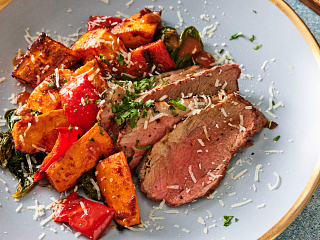 Roasted Sun-Dried Tomato Beef Tri-Tip with Peppers and Sweet Potatoes