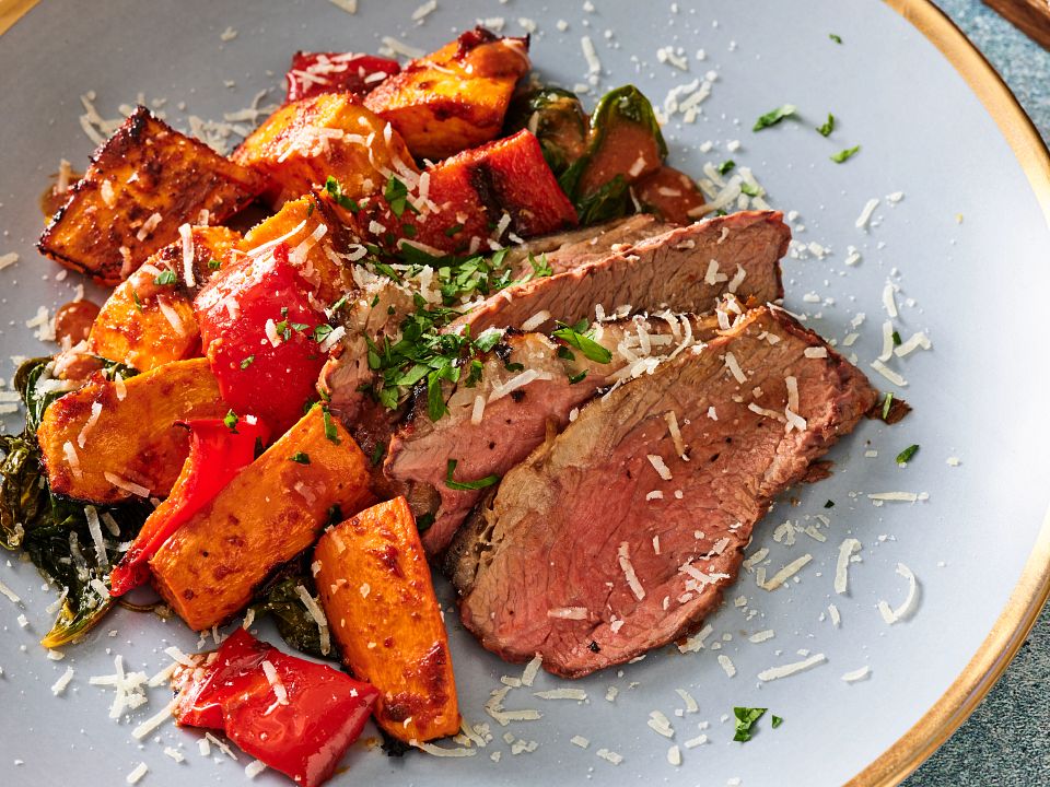 Roasted Sun-Dried Tomato Beef Tri-Tip with Peppers and Sweet Potatoes