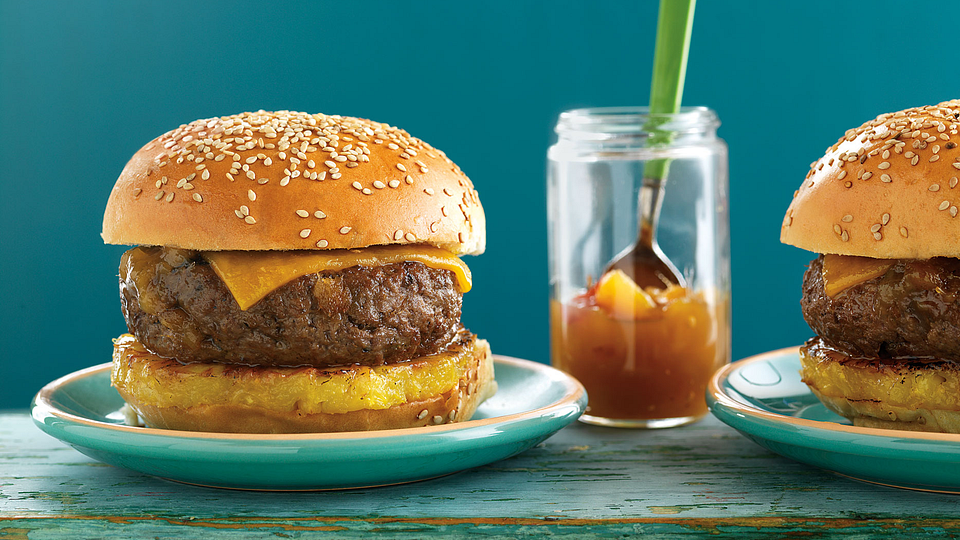 Caribbean Cheeseburgers with Grilled Pineapple