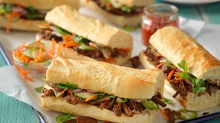 Slow-Cooked Gochujang Banh Mi with Whipped Beef Liver Pate and Pickled Vegetables