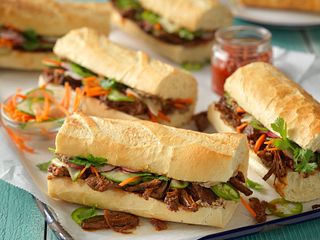 Slow-Cooked Gochujang Banh Mi with Whipped Beef Liver Pate and Pickled Vegetables