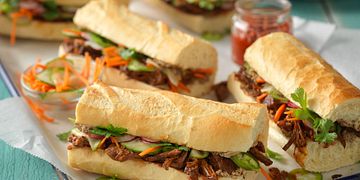 Slow-Cooked Gochujang Banh Mi with Whipped Beef Liver Pate and Pickled Vegetables
