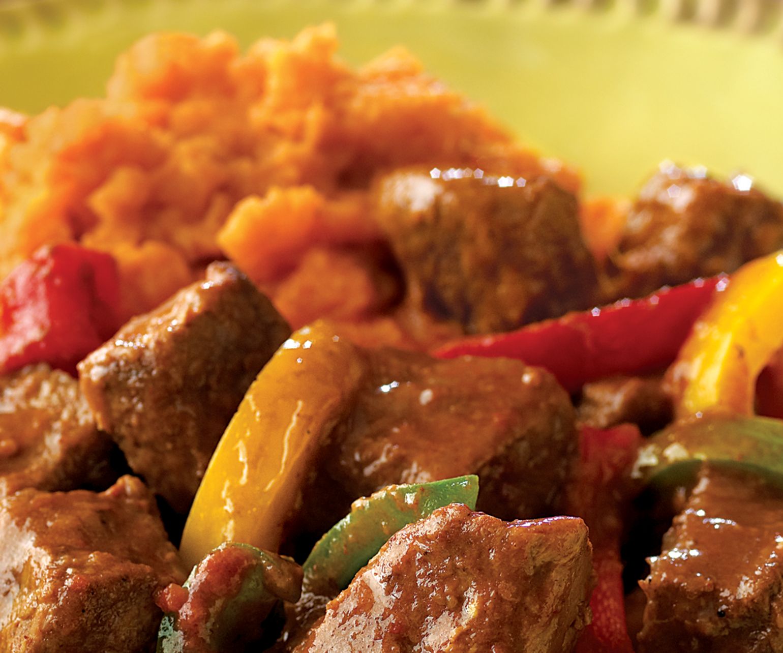 Mexican Beef Stew over Chipotle Sweet Potato Mashers