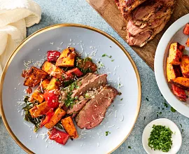 Roasted Sun-Dried Tomato Beef Tri-Tip with Peppers and Sweet Potatoes