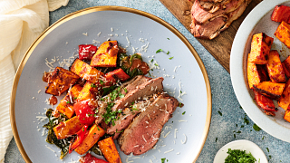 Roasted Sun-Dried Tomato Beef Tri-Tip with Peppers and Sweet Potatoes