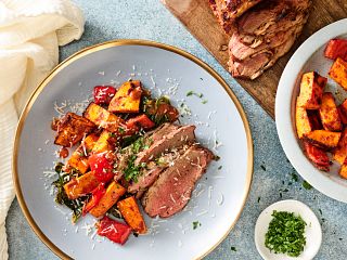 Roasted Sun-Dried Tomato Beef Tri-Tip with Peppers and Sweet Potatoes