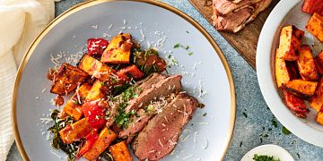 Roasted Sun-Dried Tomato Beef Tri-Tip with Peppers and Sweet Potatoes