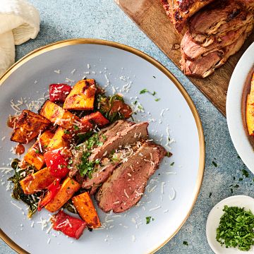 Roasted Sun-Dried Tomato Beef Tri-Tip with Peppers and Sweet Potatoes