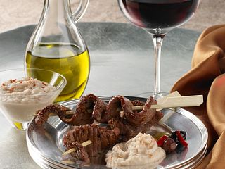 Beef Skewers with Garlicky White Bean Dip