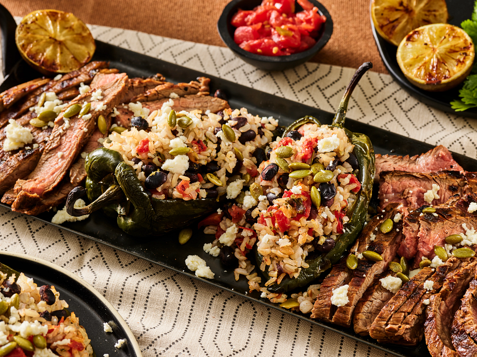 FY23 BIWFD Recipes, Lime-Marinated Flank Steak with Stuffed Poblano Peppers