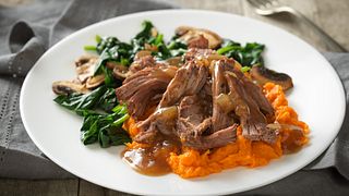 Beef Pot Roast with Maple Sweet Potatoes and Cider Gravy