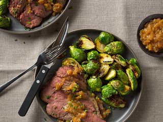 Red Eye-Rubbed Beef Sirloin Cap Roast with Roasted Garlic and Caramelized Onion Jam