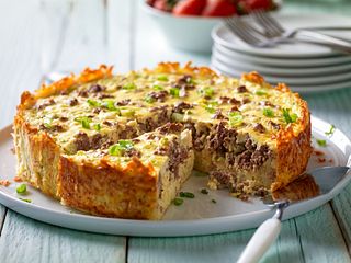 Beef Breakfast Sausage & Goat Cheese Egg Bake with Hash Brown Crust