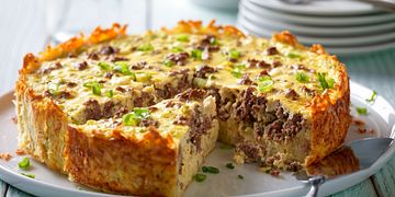 Beef Breakfast Sausage & Goat Cheese Egg Bake with Hash Brown Crust