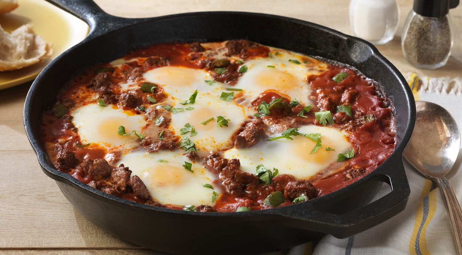 Saucy Beef with Baked Eggs
