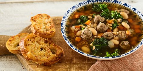 Tuscan Beef Meatball and White Bean Soup