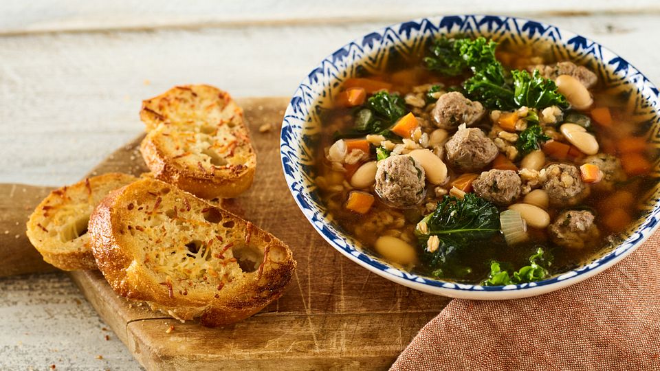 Tuscan Beef Meatball and White Bean Soup