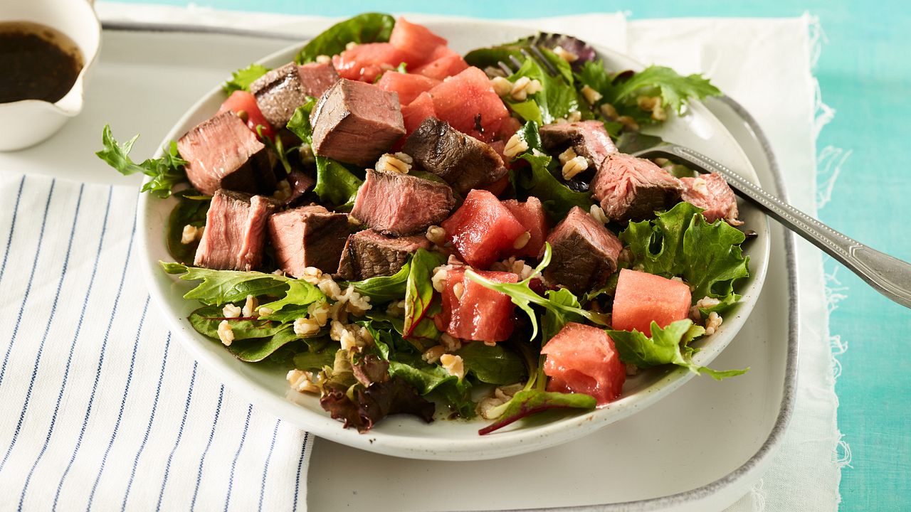 Sous Vide Top Sirloin, Farro and Compressed Watermelon Salad