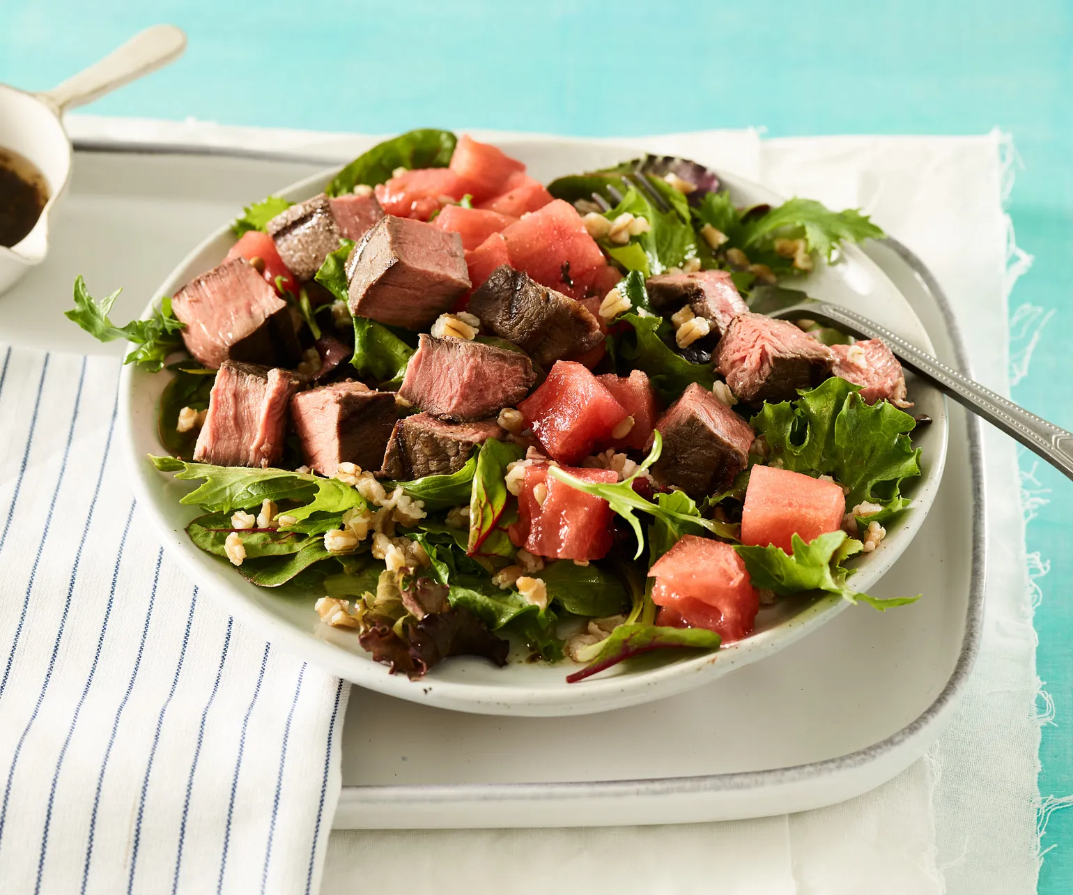 Sous Vide Top Sirloin, Farro and Compressed Watermelon Salad