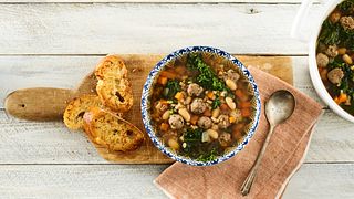 Tuscan Beef Meatball and White Bean Soup