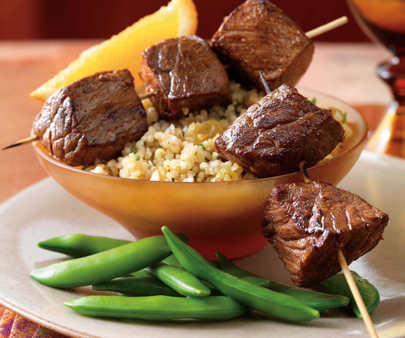 Moroccan-Style Beef Kabobs with Spiced Bulgur