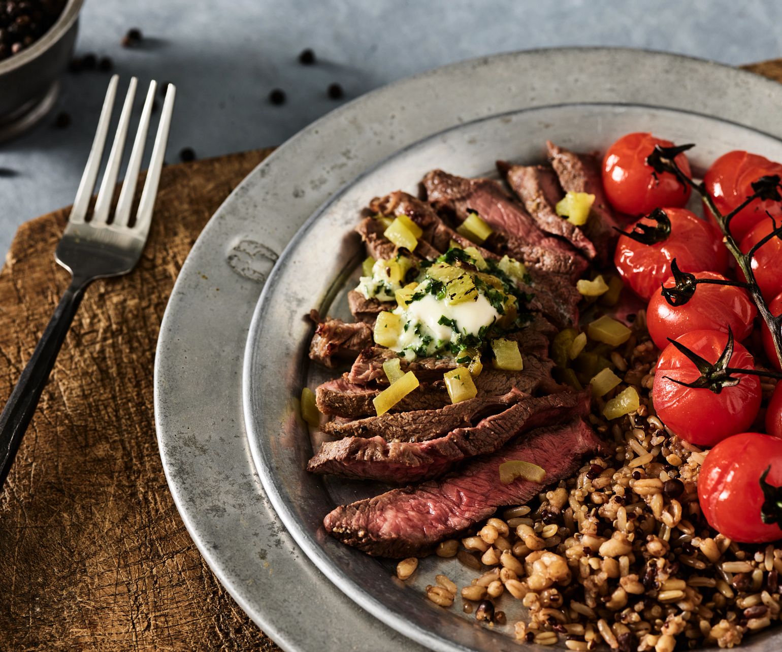 Pepper Beef Steaks with Chile-Cilantro Butter