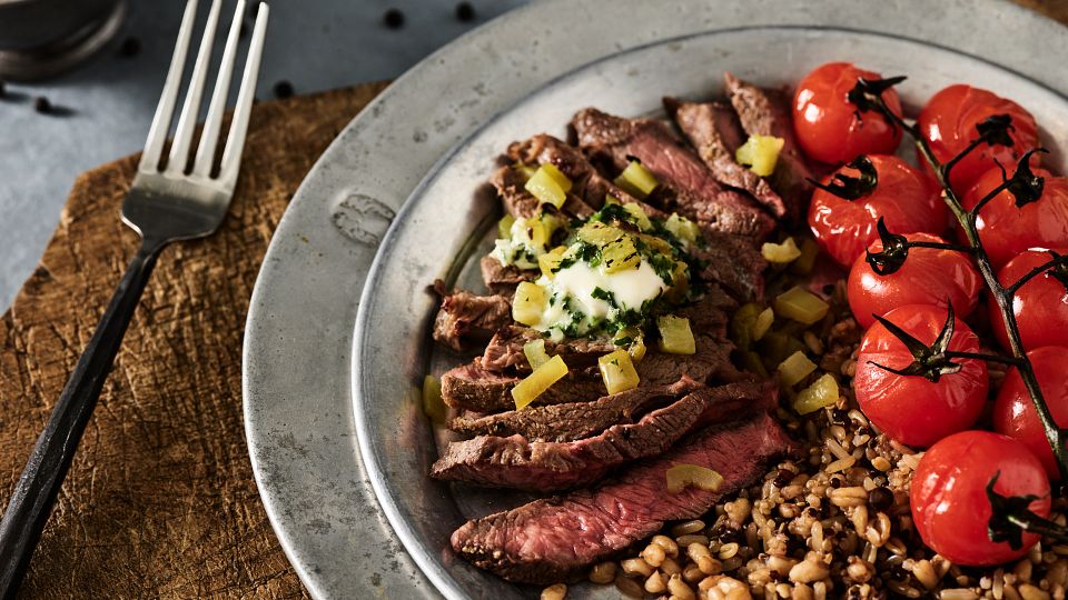 Pepper Beef Steaks with Chile-Cilantro Butter