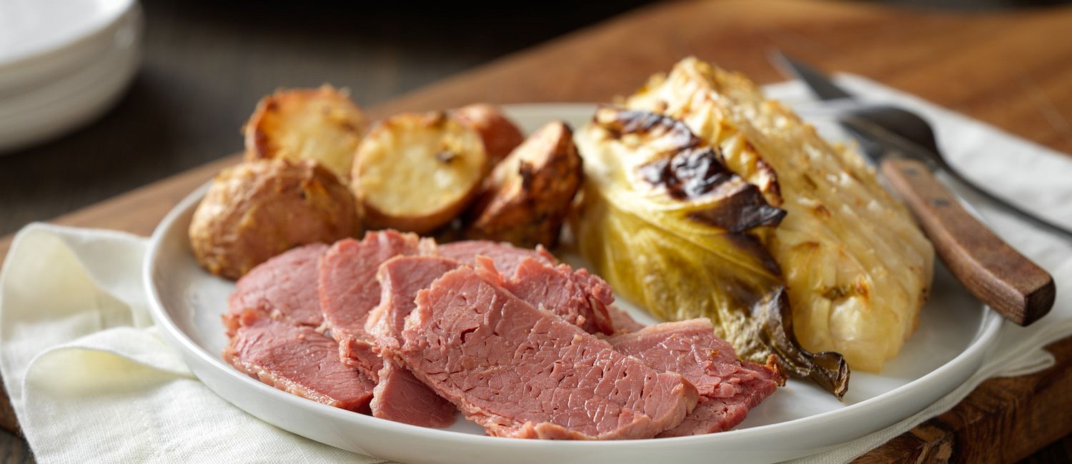 DijonGlazed Corned Beef with Savory Cabbage and Red Potatoes Beef