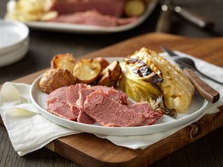 Dijon-Glazed Corned Beef with Savory Cabbage and Red Potatoes