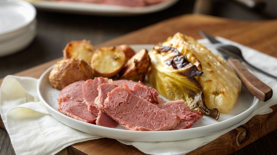 Dijon Glazed Corned Beef with Savory Cabbage and Red Potatoes