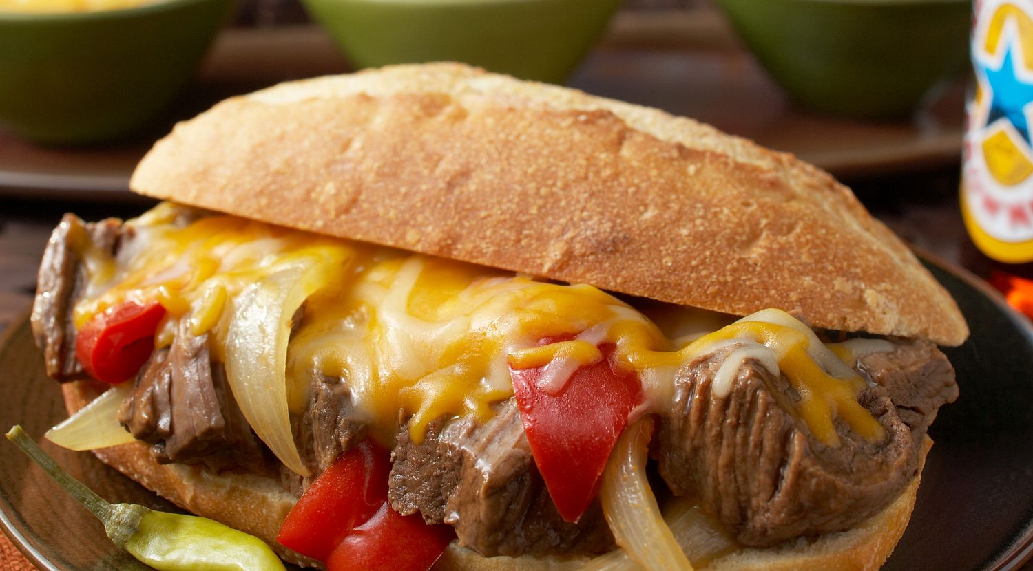 Sweet Onion & Pepper Beef Sandwiches with Au Jus