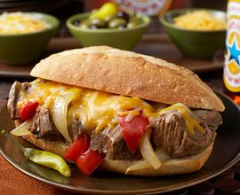 Sweet Onion & Pepper Beef Sandwiches with Au Jus