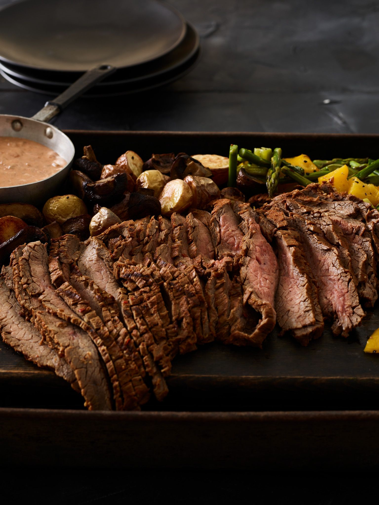 SixChile Beef Flank Steak with Southwest Tomato Cream and Roasted