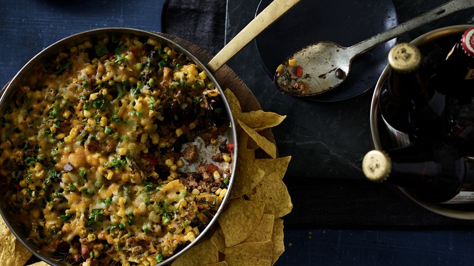 One Skillet Beefy 7-Layer Dip