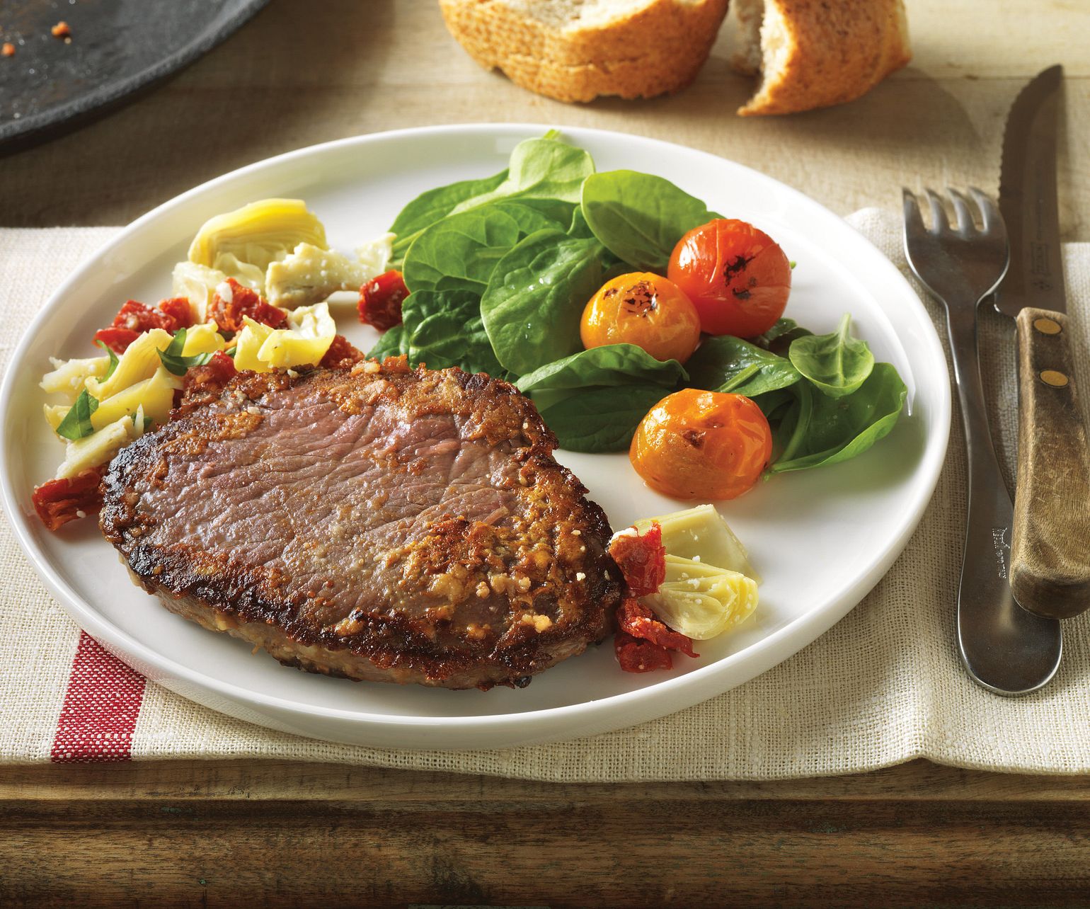 Parmesan-Crusted Beef Steaks with Mediterranean Relish