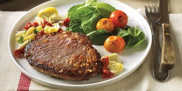Parmesan-Crusted Beef Steaks with Mediterranean Relish