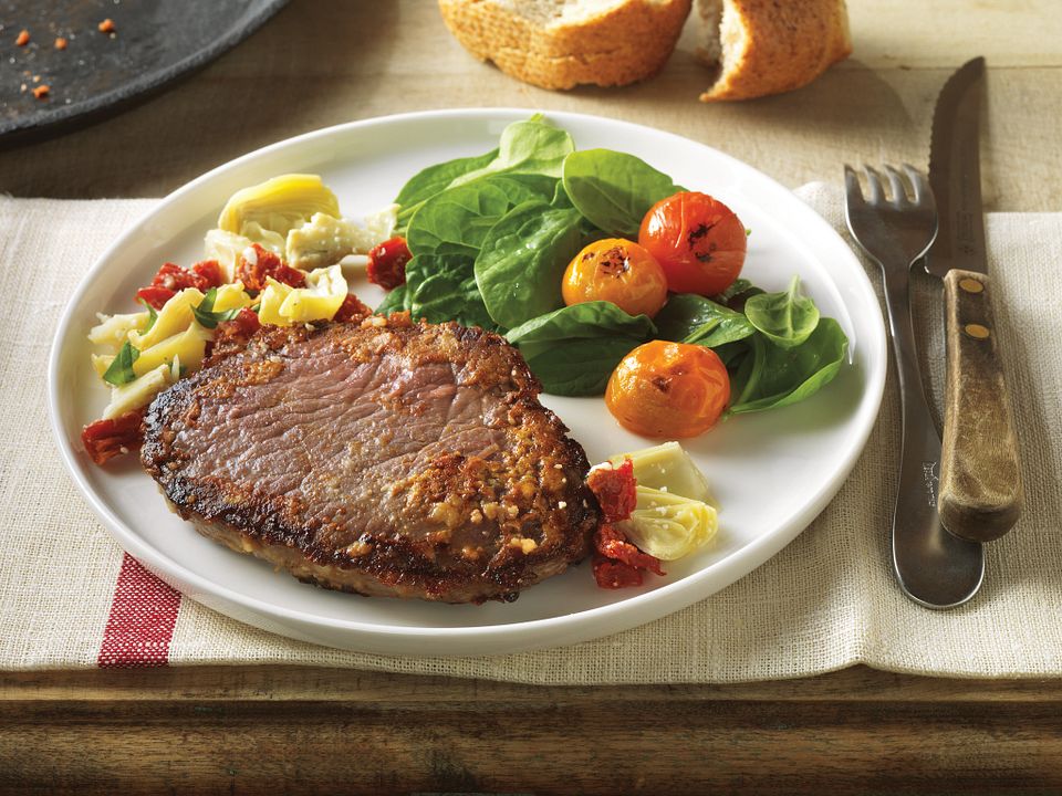 Parmesan-Crusted Beef Steaks with Mediterranean Relish
