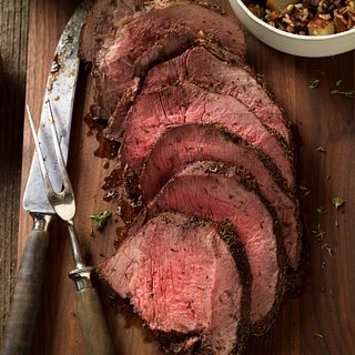 Thyme-Rubbed Beef Round Tip with Roasted Onion and Pear Wild Rice Horizontal