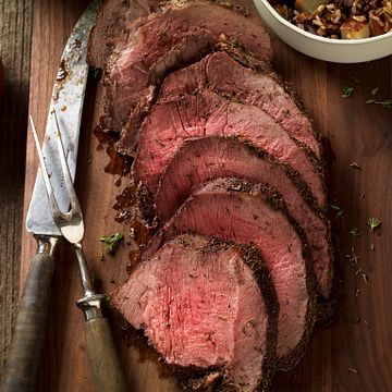 Thyme-Rubbed Beef Round Tip with Roasted Onion and Pear Wild Rice Horizontal