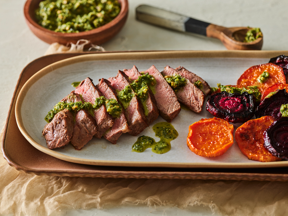 Steak and Roasted Sweet Potatoes and Beets with Kale Chimichurri