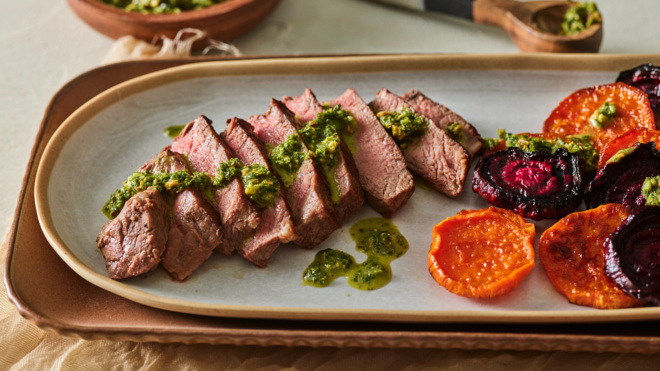 Steak and Roasted Sweet Potatoes and Beets with Kale Chimichurri