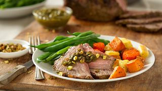 Herb-Crusted Beef Roast with Pistachio-Leek Pesto