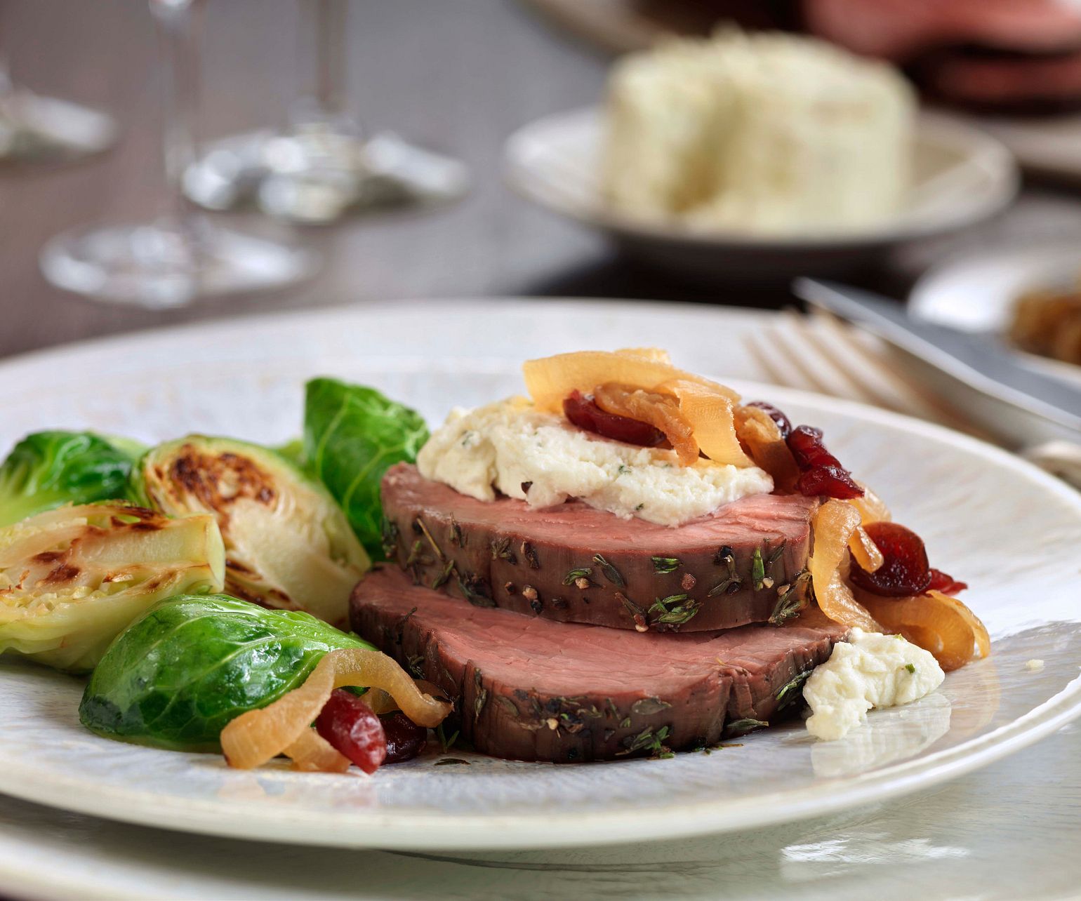 Tenderloin with Wine-Braised Onions and Herb Cheese