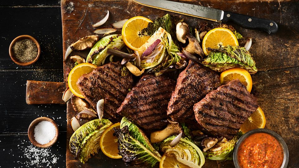 Pan-Seared Flat Iron Steak with Romesco Sauce