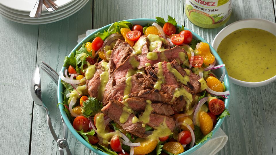 Grilled Spicy Steak Salad with Guacamole Salsa