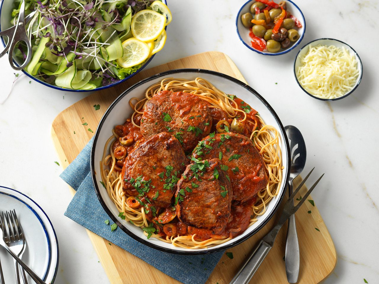 Mediterranean Steak and Pasta with Tomato-Olive Sauce