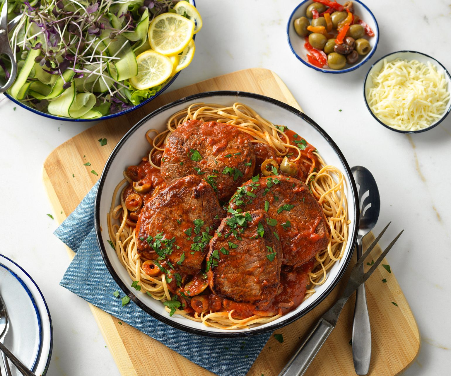 Mediterranean Steak & Pasta with Tomato-Olive Sauce