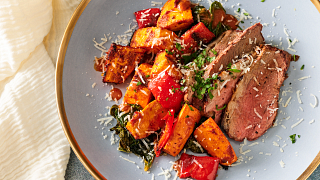 Roasted Sun-Dried Tomato Beef Tri-Tip with Peppers and Sweet Potatoes