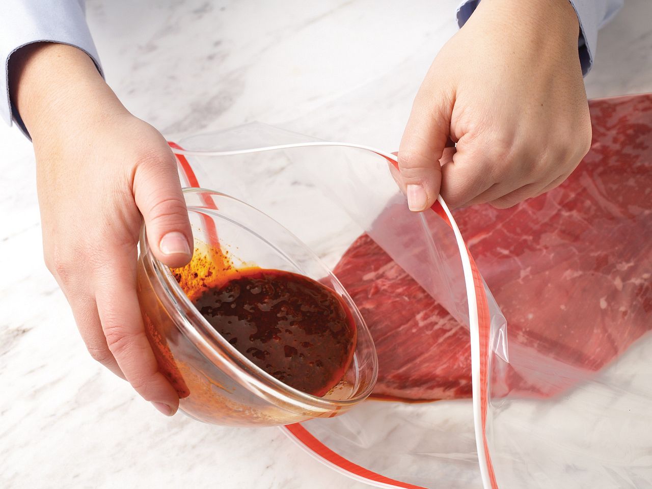 Lemon-Oregano Steak Marinade (How to Pour marinade into bag)