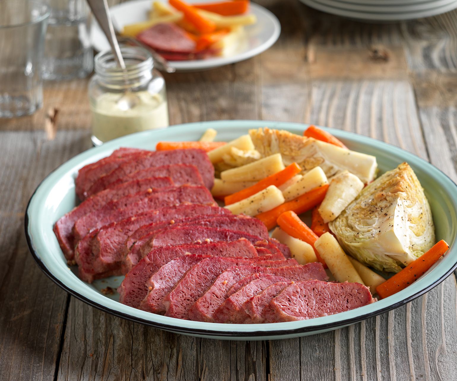 Corned Beef Brisket with Roasted Vegetables and Lemon-Mustard Sauce